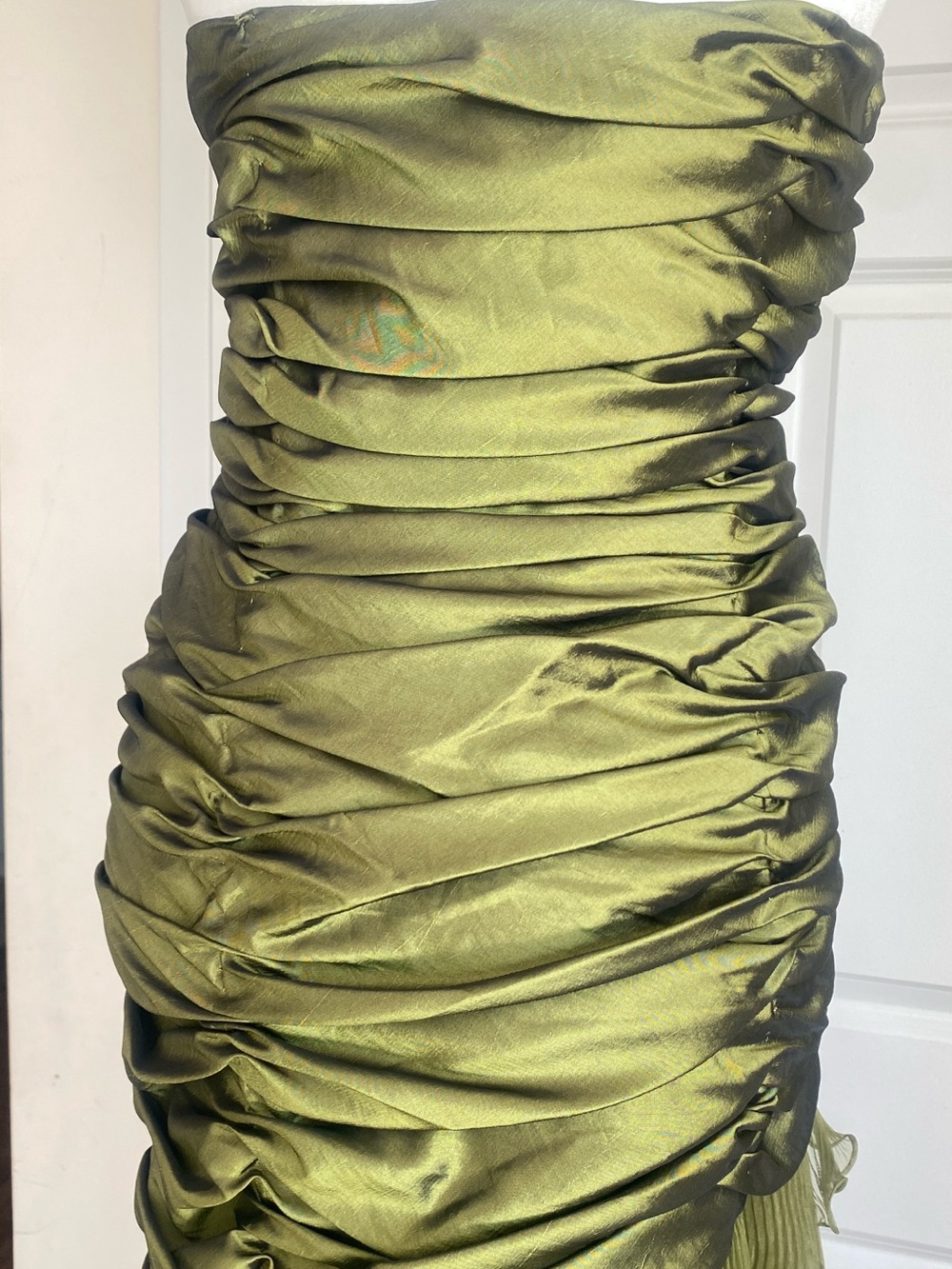 Strapless Olive Ruched Ruffle High-Low Dress - Picture 8 of 14